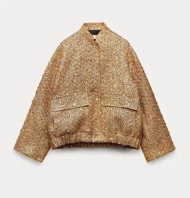 Buy Zara Autumn Gold Sequin Large Pocket Coat Bomber Womens Short Flight Jacket NEW • 33.25£