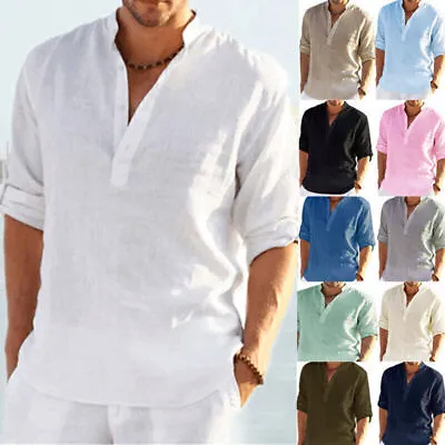 Buy Mens Button Down Henley Tops Cotton Linen Casual Loose Grandad Shirts Blouse UK • 10.99£