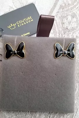 Buy Disney Couture Kingdom Minnie Black Bow Earrings Gold Outline 14K GP New • 31.85£