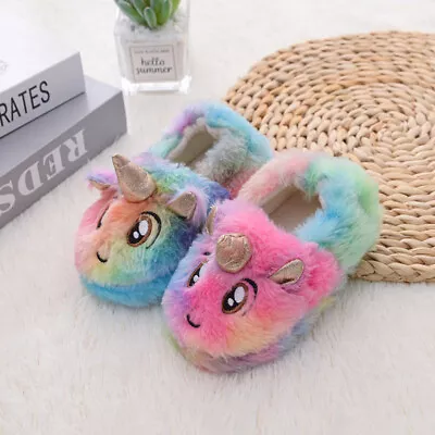Buy Winter Kids Girls Rainbow Unicorn Slippers Children Cartoon Warm Indoor Shoes • 8.79£