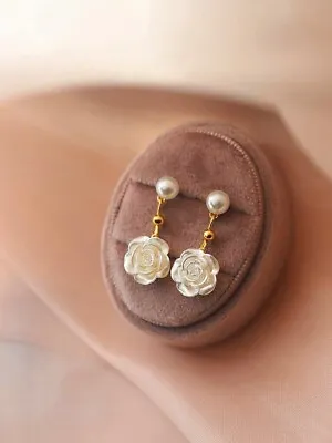 Buy Women White Camellia Pearl Gold Dangle Drop Stud Earrings Jewellery Xmas Gift UK • 2.99£