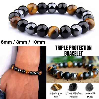Buy Black Obsidian Hematite Tiger Eye Bracelet Men Women Gemstone Crystal Jewellery • 3.99£