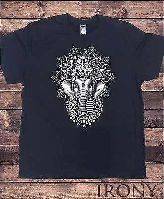 Buy Men's T-Shirts New Cotton Short Sleeve Black Tee Ganesh Elephant Line Art Print • 14.99£