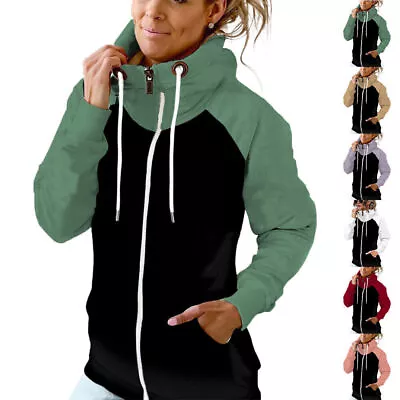 Buy Plus Size Womens Patchwork Zip Up Hoodie High Neck Sweatshirt Jacket Coat Tops~ • 19.28£