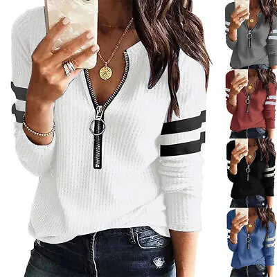Buy Womens Zipper V Neck Stripe Jumper Sweatshirt Long Sleeve Casual Loose Pullover • 12.29£