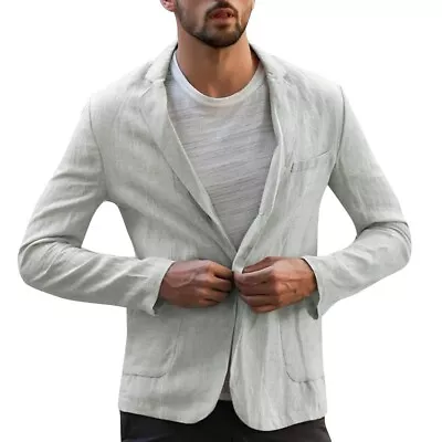 Buy Men Linen Blazer Jacket Lightweight Casual Button Slim Fit Suit Coat Tops • 19.95£