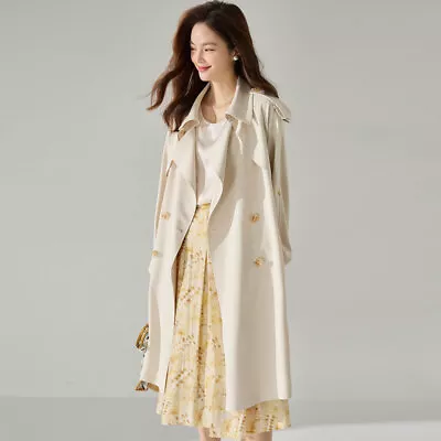 Buy Spring/Summer Womens Jacket Elegant Lapel Collar Overcoat Mid Length Windbreaker • 102.54£