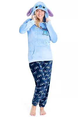 Buy Disney Womens Stitch Long Sleeve Hooded Pyjama Set Sleepwear Nightwear • 27.49£