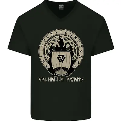 Buy Vikings Valhalla Awaits Valknut Symbol Odin Mens V-Neck Cotton T-Shirt • 9.99£