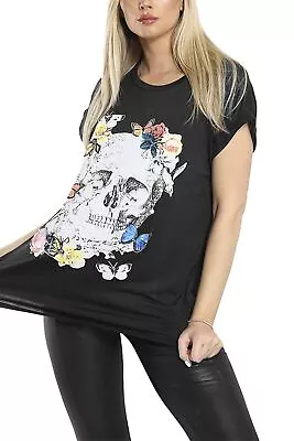 Buy Womens Ladies Oversized Skull Flowers Turn Up Cap Sleeve Baggy Tee Top T Shirt • 5.59£