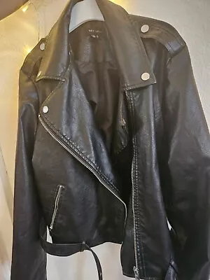 Buy Leather Jacket Faux Black Zip Pockets Belt Detail • 14.50£
