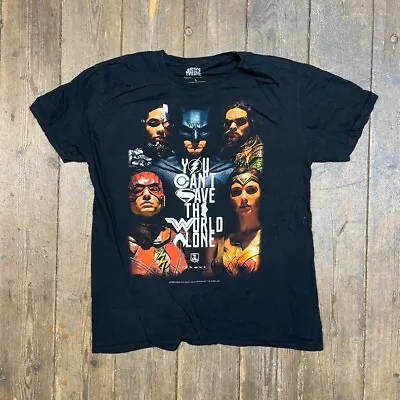 Buy Justice League T-Shirt Superhero Graphic Print Short Sleeve Tee Black Mens Large • 12£