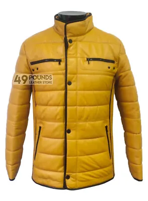 Buy Men's Quilted Puffer Leather Jacket Yellow Real Lambskin Padded Jacket P-697 • 33.15£