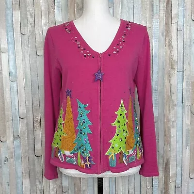 Buy Vintage S 90s Pink Colorful Beaded Christmas Tree Cardigan Sweater Tacky Funky • 26.52£