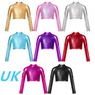 Buy UK Girls Shiny Metallic T-shirt Long Sleeve Mock Neck Crop Top Hip Hop Dance Top • 10.74£
