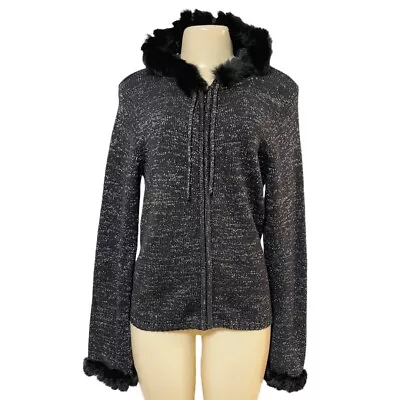 Buy Women’s Black Rabbit Fur Trim Metallic Hoodie Full Zip Wool Sweater Jacket M • 27£