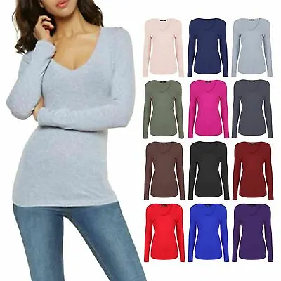 Buy Ladies Womens V Neck Long Sleeve Plain Slim Fit Basic Top Stretchy T-Shirt 8-26 • 6.99£
