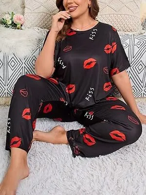 Buy Pyjama Set Plus Size  22 24 26 Black Red Lips Print Stretch Loungewear Comfort • 11.90£