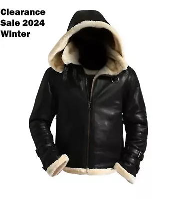 Buy B3 Mens Real Bomber Classic Faux Fur Removable Hood Genuine Leather Black Jacket • 50£