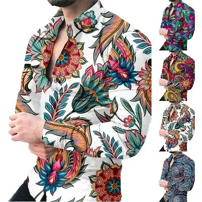 Buy Fashionable Floral Print Slim Fit Shirts For Men Long Sleeve Muscle Tops • 14.78£