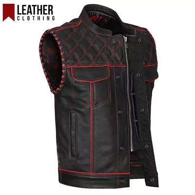 Buy Men's Black Leather Vest Diamond Motorbike Motorcycle Concealed Red Waistcoat • 70.80£