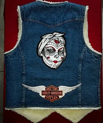 Buy Women's Medium Pre-owned Levis Sherpa Jean Vest Harley Davidson Patches • 86.81£