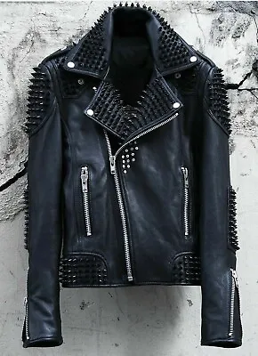 Buy Mens Full Punk Black Metal Spiked Studded Real Leather Biker Jacket With Pockets • 150.99£