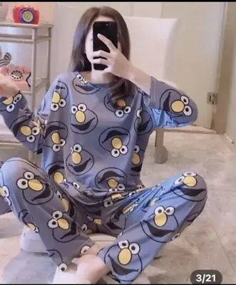 Buy Woman’s Cookie Monster Pyjamas Size 10-12 Long Sleeve Sleepwear Pyjama Set • 9.50£