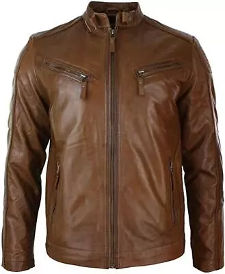Buy Mens Slim Fit Real Leather Vintage Retro Tan Brown Washed Biker Jacket Casual • 109.99£