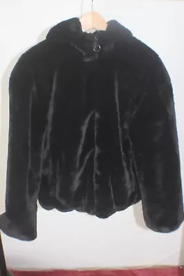 Buy Ladies Jacket/coat Black Faux Fur Bomber Style With Hood 6-8 Uk • 5.50£