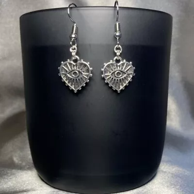 Buy Handmade Silver Eye Love Heart Earrings Gothic Gift Jewellery Fashion Accessory • 4.50£