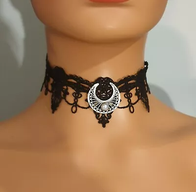 Buy Black Lace Crescent Moon Moonstone Choker ~ Gothic Jewellery Gift ☆ • 5.95£
