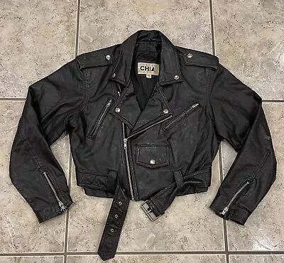 Buy Vtg 80s 90s Small CHIA Leather Motorcyle Cropped Moto Rocker Buckle Zip Jacket • 15.78£