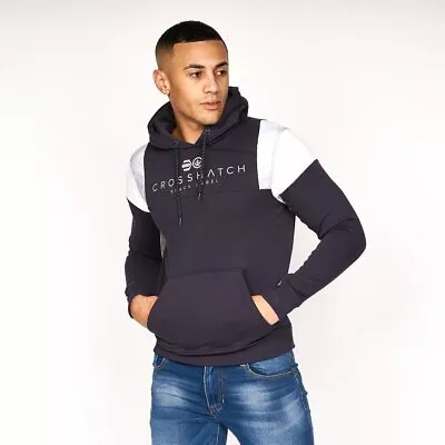 Buy Mens Crosshatch Hoodie Pullover Cotton Black & Blue Hooded Jumper Sweatshirt • 18.95£