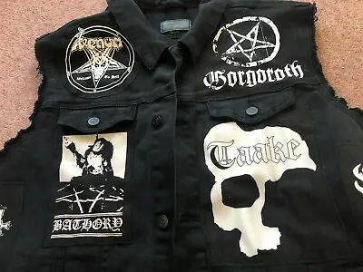 Buy Black Metal Battle Jacket Cut-Off Denim Vest Darkthrone Watain Mayhem Taake • 116.66£
