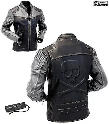 Buy Men's Black Classic Biker Motorcycle Genuine Leather Jacket Embossed Skull Bones • 289.99£