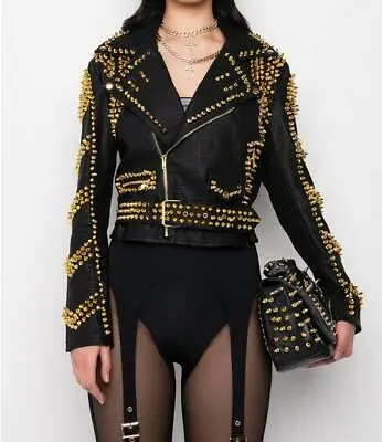 Buy Handmade Women Black Crocodile Texture Leather Jacket With Golden Studs  • 234.27£