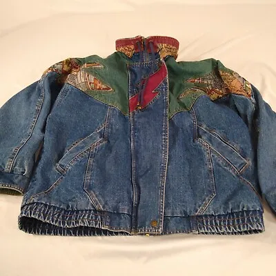 Buy Vintage 90s Current Seen Denim Lined Bombe Jacket Women’s Size M Post Card Theme • 43.39£