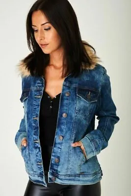 Buy Womens Detachable Fur Collar Denim Winter Jacket • 29.90£