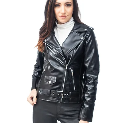 Buy Faux Leather Jacket For Women Moto Biker Jacket Synthetic Leather Jacket {Black} • 48.70£