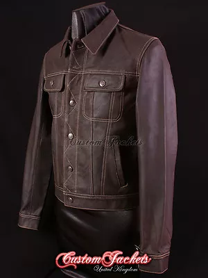 Buy Men's TRUCKER Leather Jacket Western Classic Brown Denim Style Shirt Jacket • 78.40£
