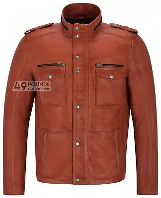 Buy Mens Trojan Leather Jacket Tan Reefer Biker Style Zipped Cuffs Real Leather 5540 • 41.65£