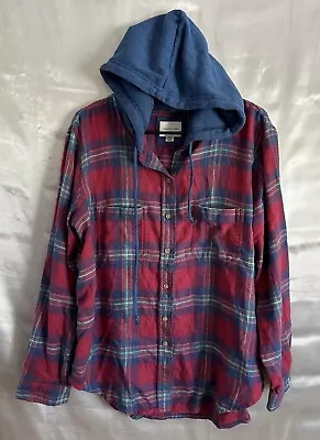 Buy American Eagle Oversized Flannel Hoodie Plaid Distressed Shirt Size M • 17.01£