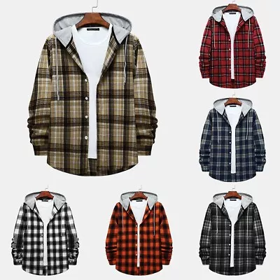 Buy Versatile Flannel Plaid Hoodie Shirt With Men's Lightweight Jacket Red/Gray1 • 15.59£