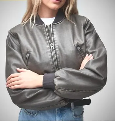 Buy Bomber Jacket Missguided Ladies Washed Faux Leather Bomber, UK8, Black Full Zip. • 12£