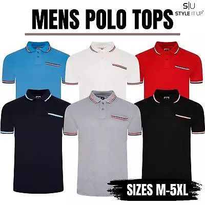 Buy Mens Polo Short Sleeve 2 Button Top Striped T-Shirt Smart Collar Pocket Tee UK • 7.99£