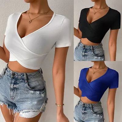 Buy Womens Sexy V-Neck Crop Tops Ladies Short Sleeve Wrap T-Shirts Summer Blouse Tee • 2.89£