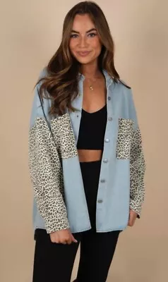 Buy Womens Casual Button Denim Jacket/shirt Size L,oversized,patchwork Leopard Sleev • 4.50£