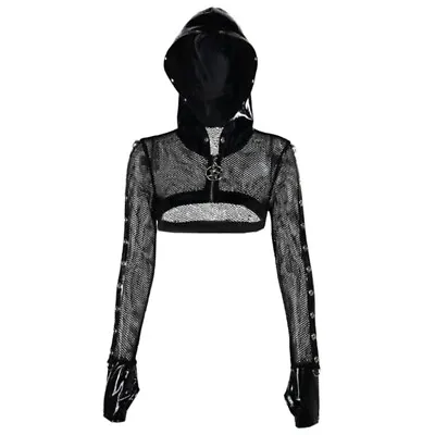 Buy Gothic Cropped Hoodie Womens Spring Streetwear Mesh Crop Tops Zipper Hooded Top • 17.78£