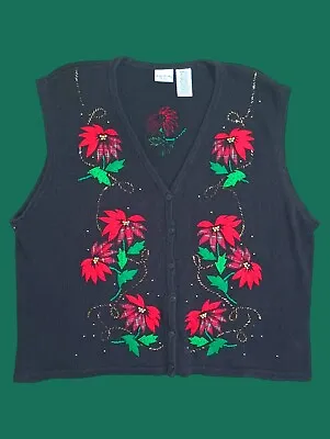 Buy Bobbie Brooks Vintage Vest Sweater Beaded Poinsettia Christmas Size 26W/28W • 24.13£
